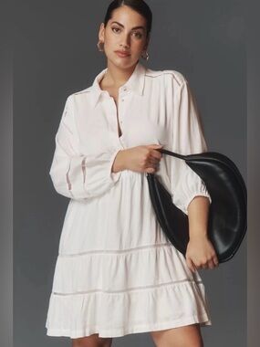 Anthropologie Mauve The Bettina Tiered Mini Shirt Dress Size XS Linen Blend